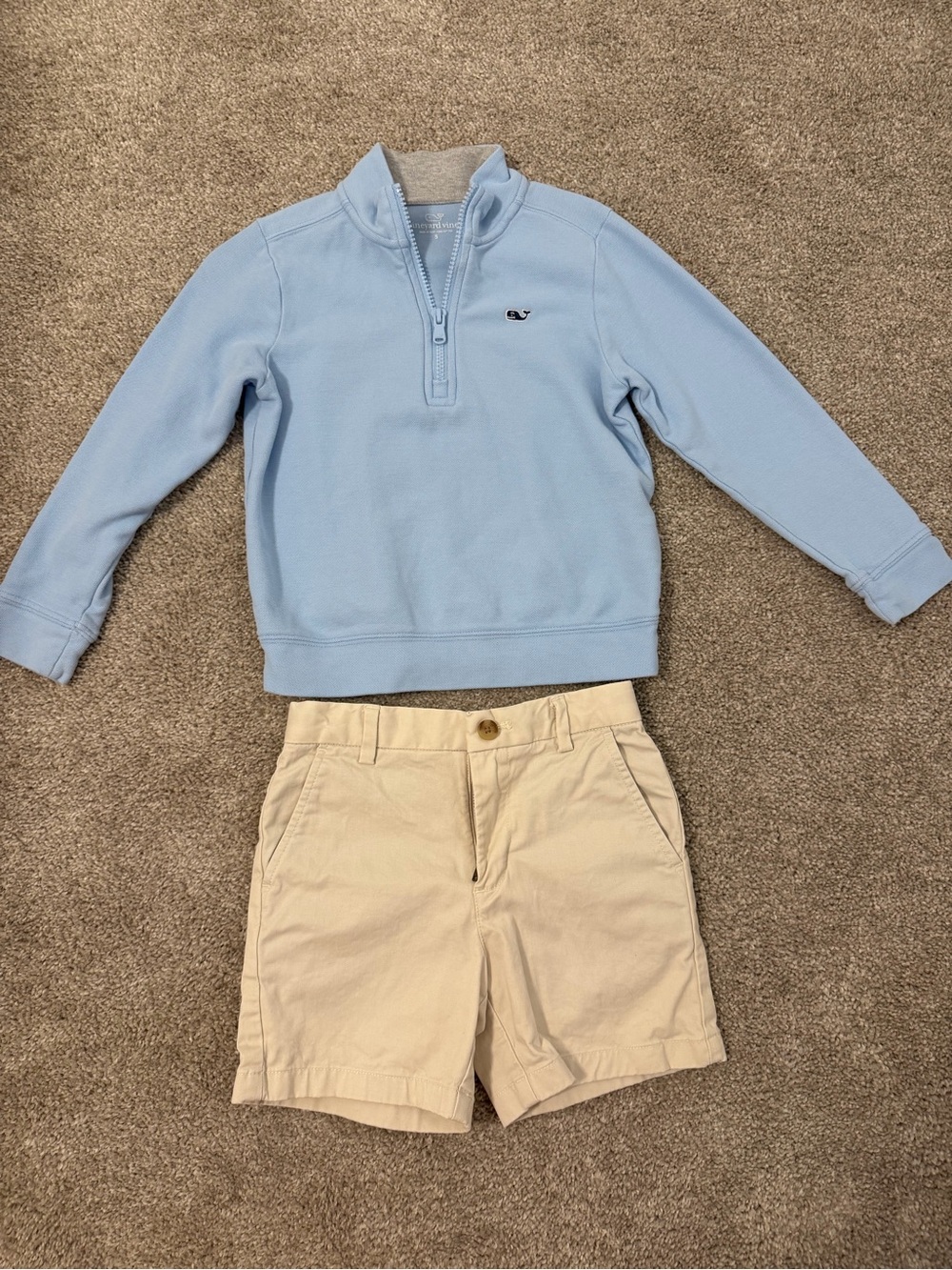 Vineyard Vines Baby Blue Quarter-Zip Pullover and tan khaki shorts